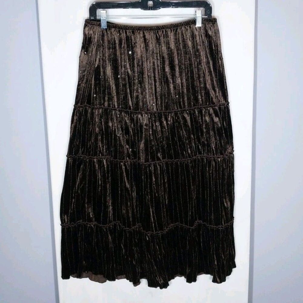 Central Park Brown Velvet Pleated Maxi Skirt L Tiered Sequin Boho Festival